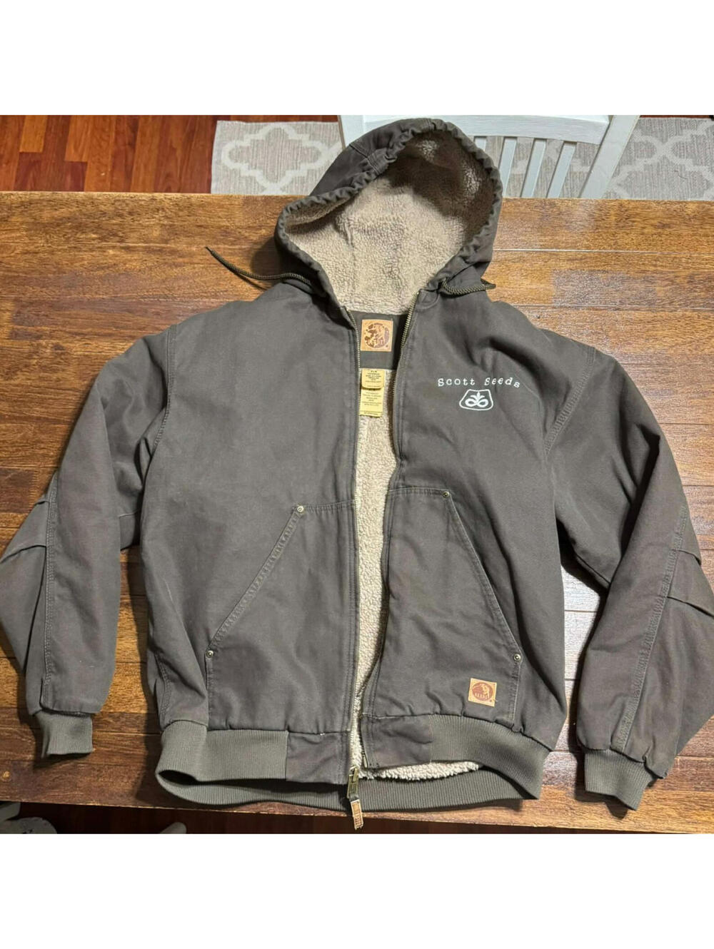 Berne Mens XL Full Zip Canvas Coat Hoodie Sherpa Lined Work Jacket Brown Logo